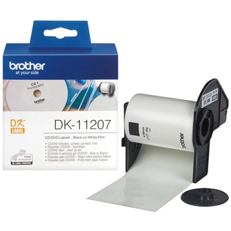 Rouleau d'étiquettes pour CD/DVD Brother original – Noir sur blanc, 58 mm - DK-11207. Ces étiquettes pour CD/DVD Brother originales, à l'impression noire sur blanc, ont été conçues pour durer plus longtemps. QL-700, QL-1100, QL-600B, QL-800, QL-810W, QL-820NWB, QL-1110NWB, QL-820NWBVM, QL-1050, QL-1060N
