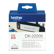 Rouleau de papier continu Brother original – Noir sur blanc, 62 mm de large - DK-22205. Vous apprécierez la flexibilité de pouvoir créer des étiquettes de longueur personnalisée. Le haut pouvoir adhésif du ruban de papier continu DK-22205 lui confère une adhérence permanente. QL-700, QL-1100, QL-600B, QL-800, QL-810W, QL-820NWB, QL-1110NWB, QL-820NWBVM, QL-1050, QL-1060N